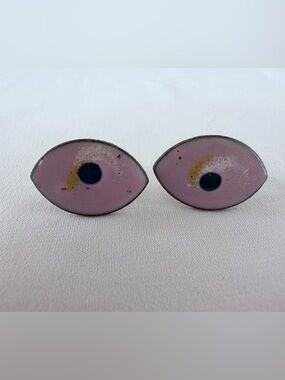 Enamel Eye-Shaped Screw Back Earrings in Dusty Pink with Navy Center